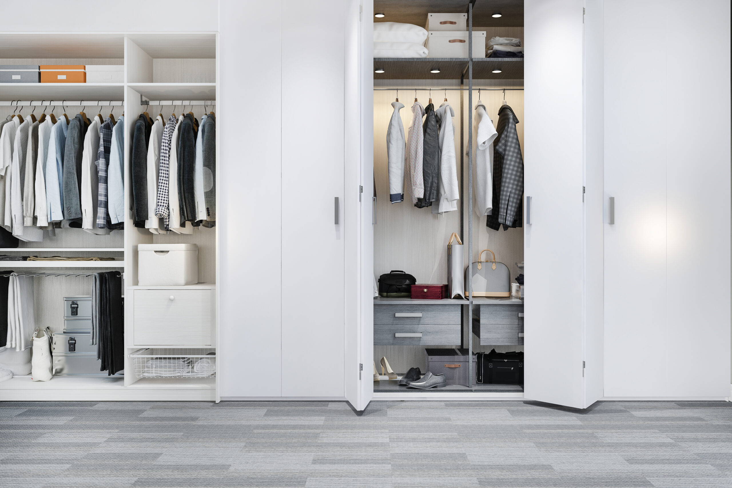 3d rendering minimal scandinavian wood walk in closet with wardrobe